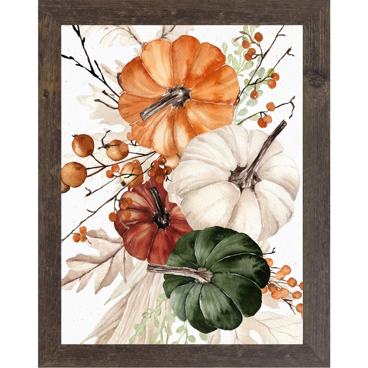 Framed autumn watercolor art print featuring three pumpkins in orange, white, and dark green, accented with small orange berries and beige leaves on a white background, enclosed in a dark brown wood frame.