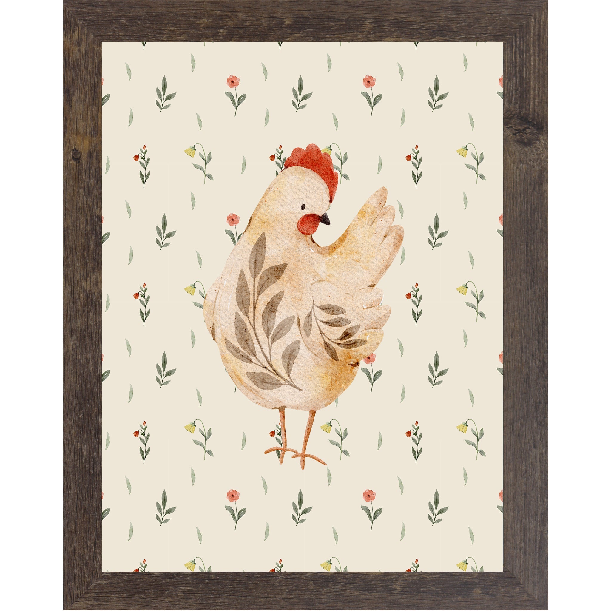 Framed artwork of a chicken with floral patterns on a beige background