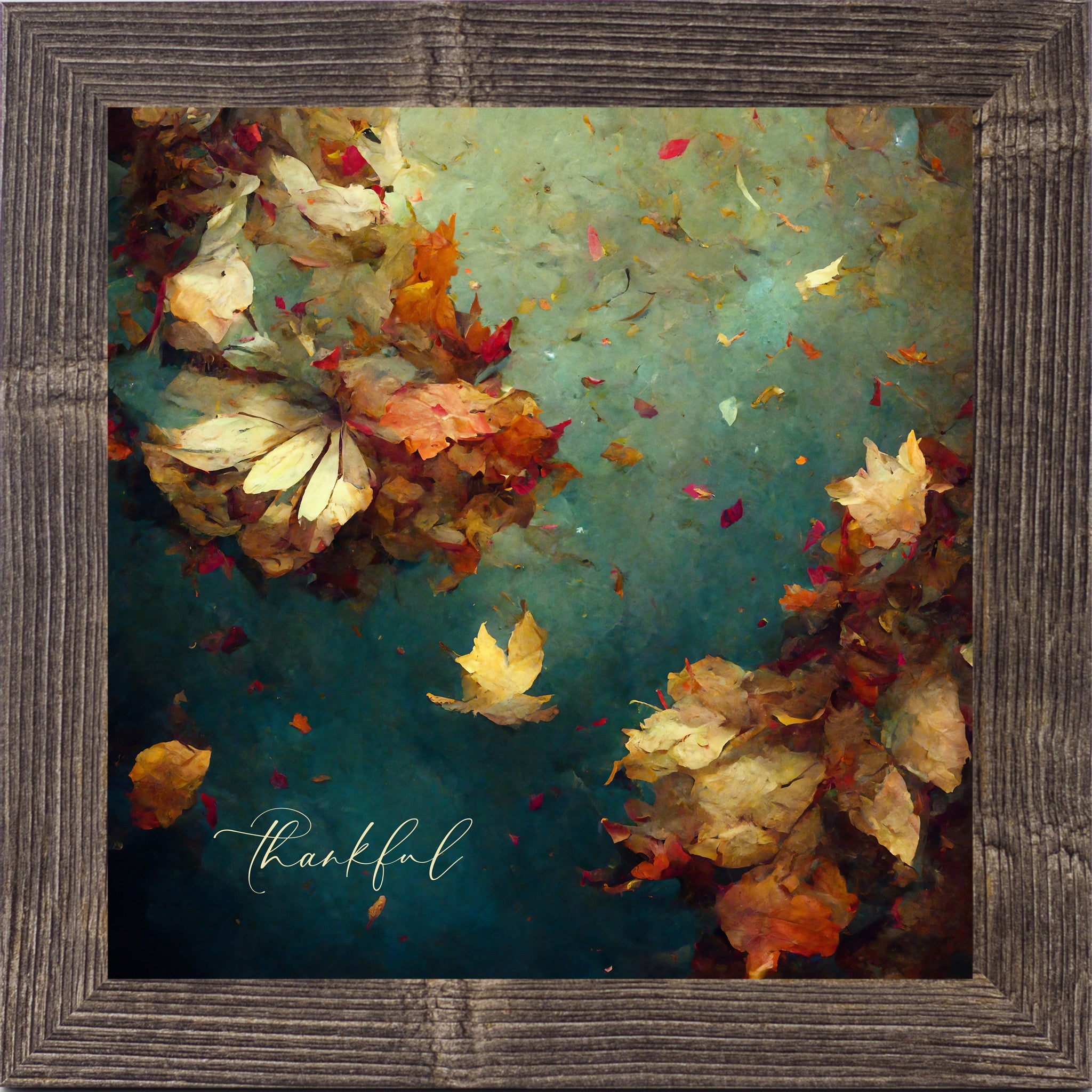 Framed artwork of autumn leaves with 'thankful' text on a teal background
