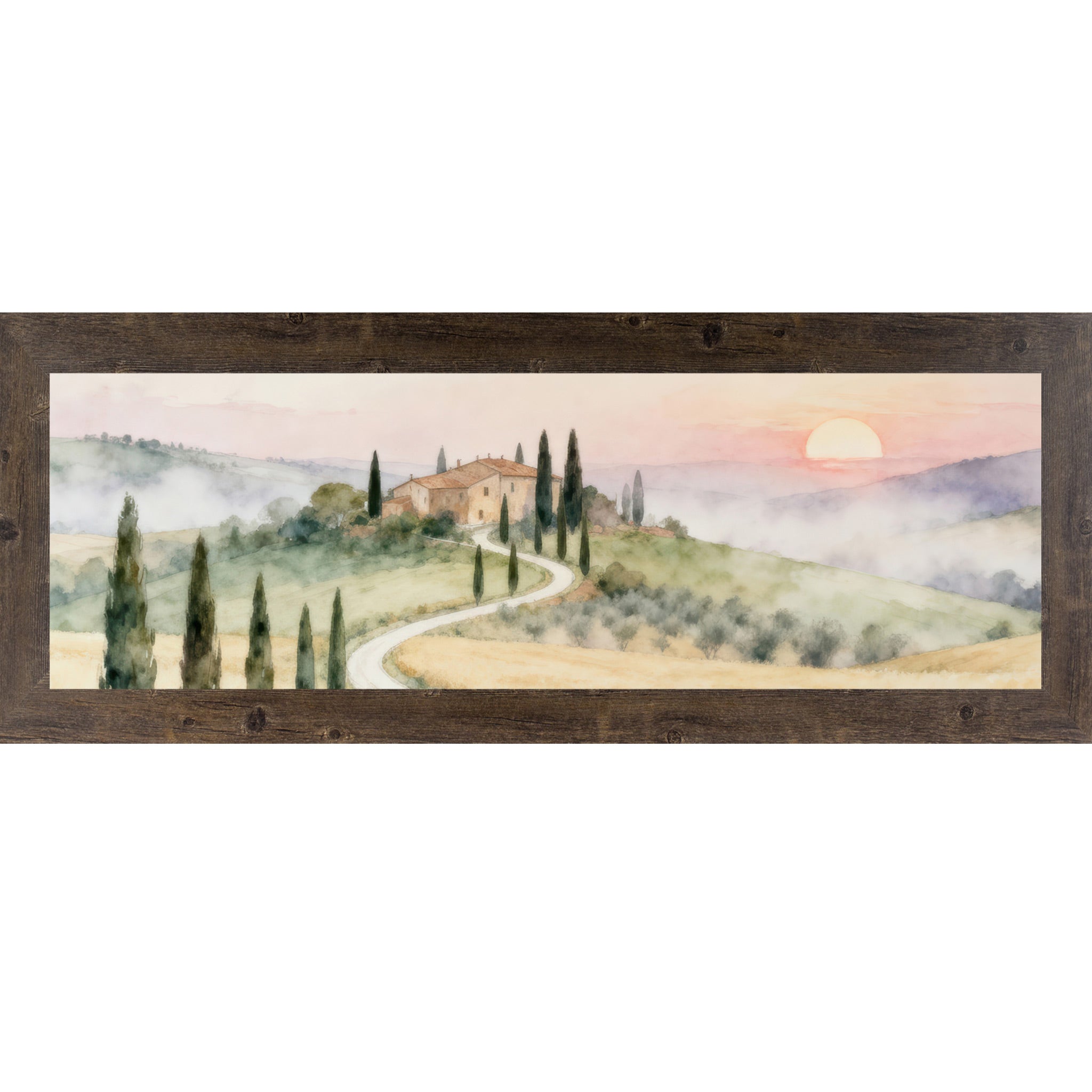 Framed artwork of a Tuscan landscape with a house, cypress trees, and sunset.
