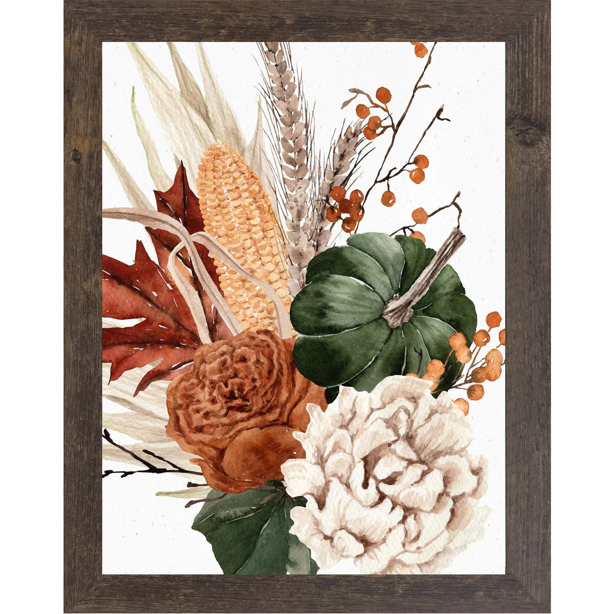 Framed artwork with autumnal elements including corn, leaves, and berries on a white background.