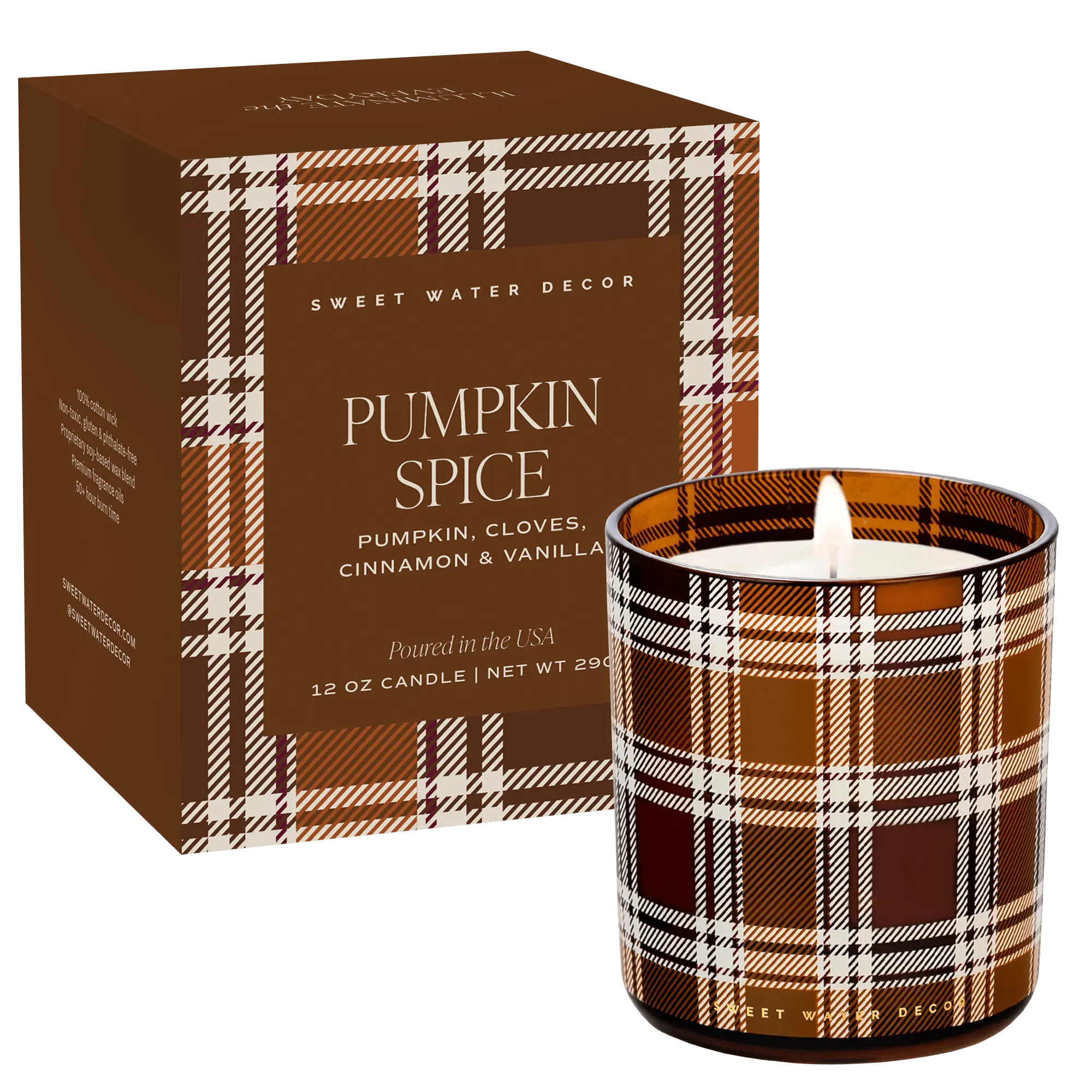 A lit candle in a brown and beige plaid glass jar sits in front of its matching retail box. The packaging and candle body feature a warm plaid pattern in brown, beige, and white, with the brand name Sweet Water Decor and the scent name Pumpkin Spice visible on the box.