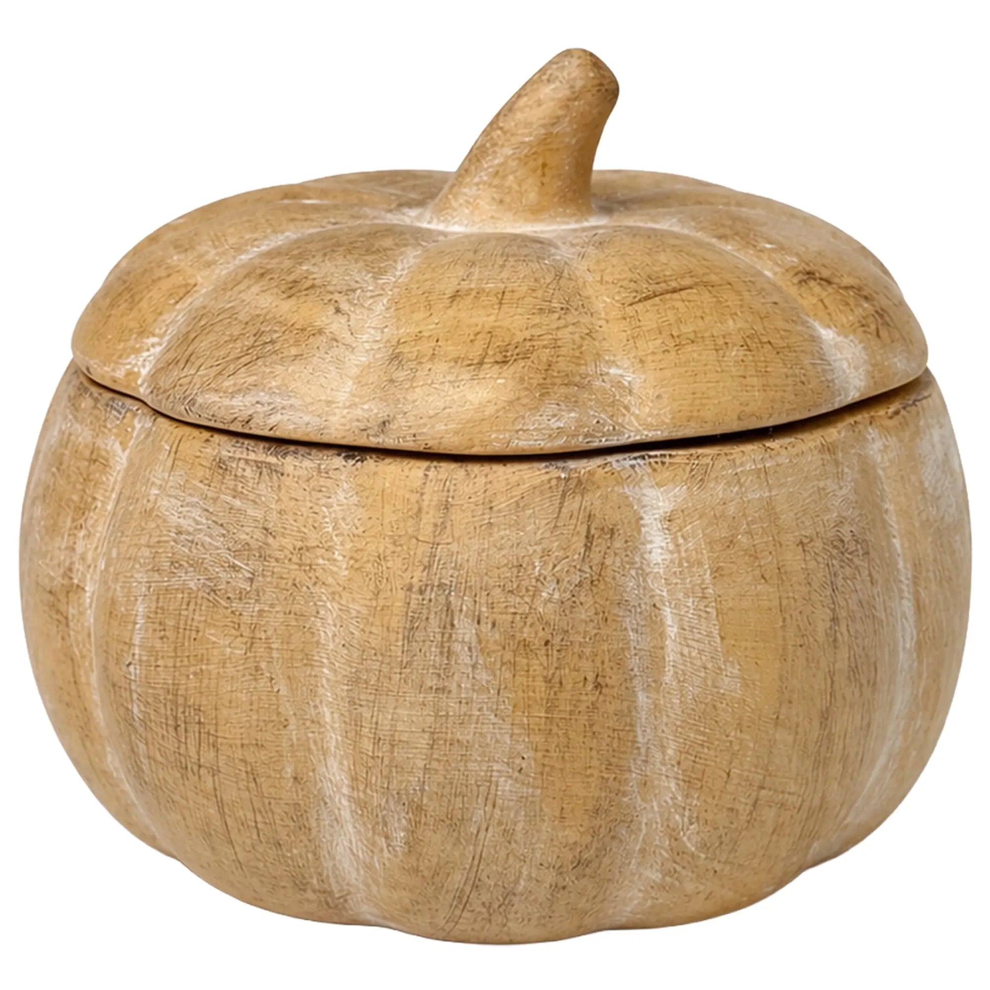 Wooden pumpkin-shaped container with a lid on a white background