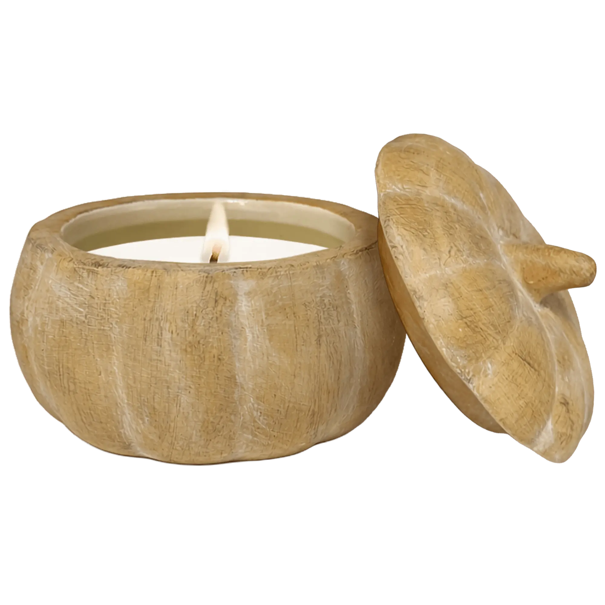 A pumpkin-shaped candle holder with a lid, shown open with a white candle inside. The container has a textured, rustic tan finish, set against a solid dark green background.