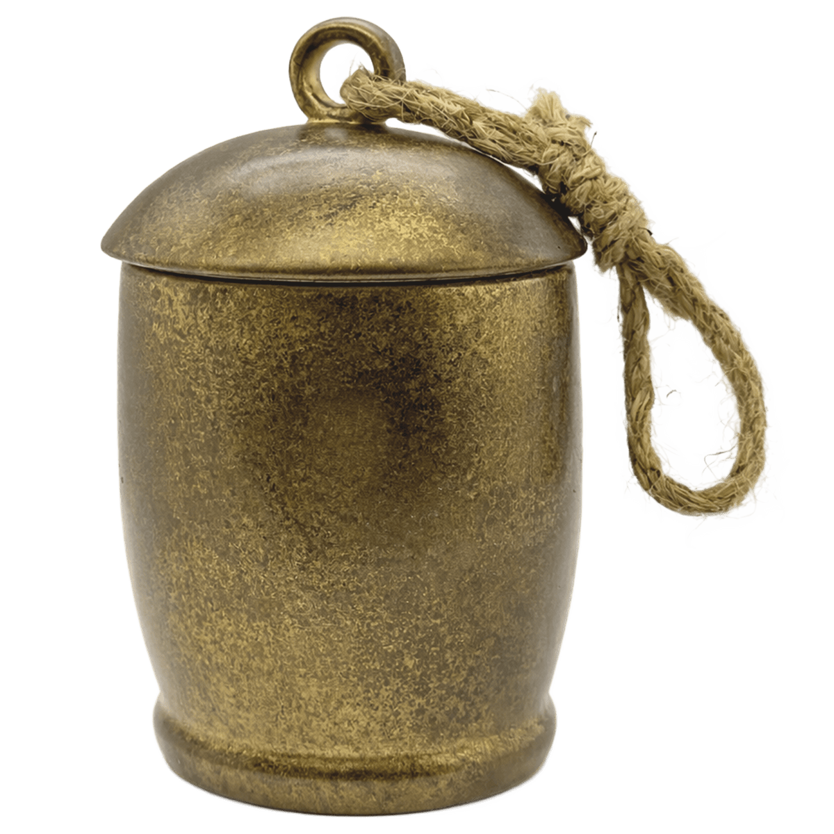 A small antique bronze metal urn with a matching lid and a knotted jute hanging loop, shown on a plain white background.