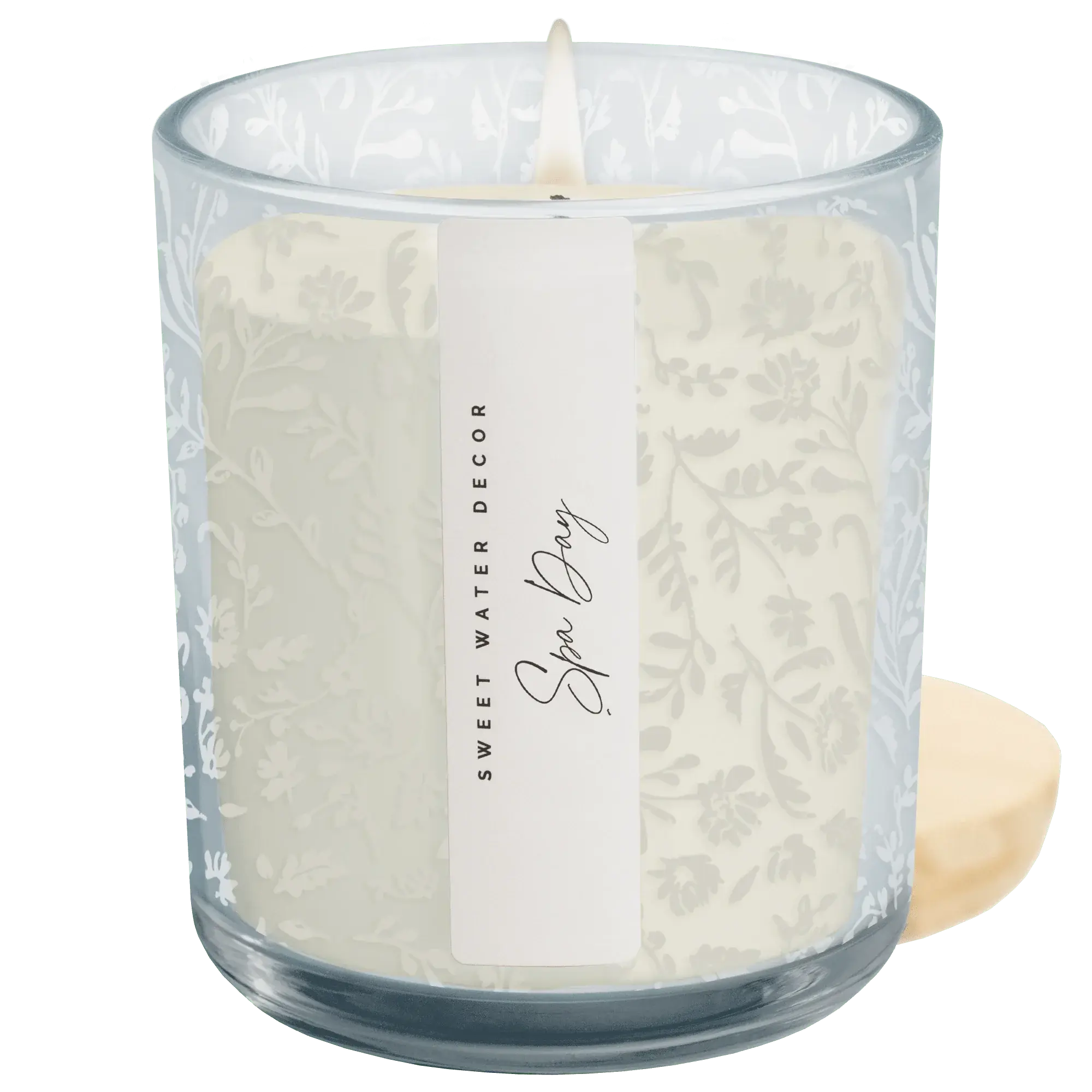 Spa Day scented candle in floral etched glass jar, cozy home decor for relaxation and ambiance