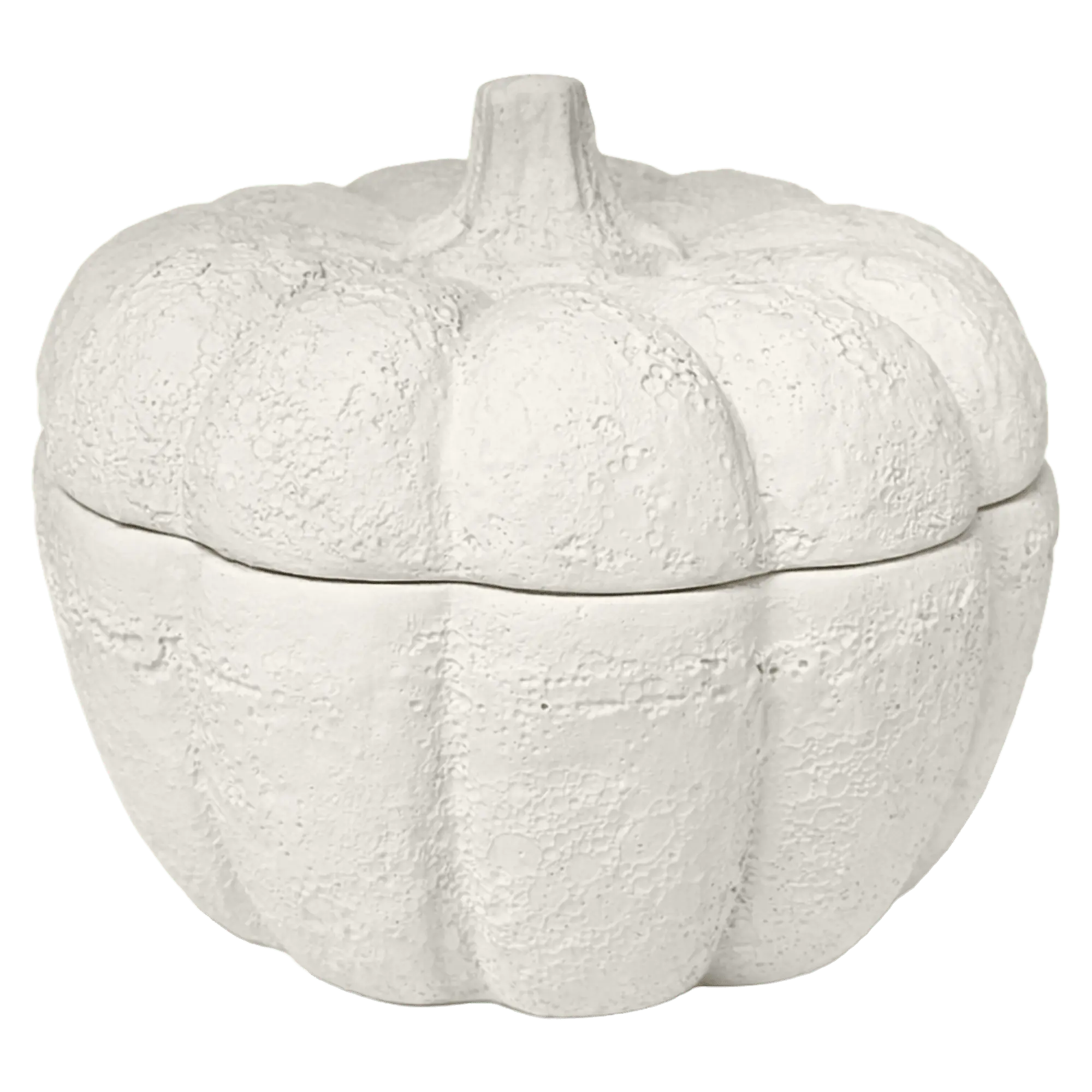 A white textured ceramic lidded storage box shaped like a pumpkin, shown against a solid green background.