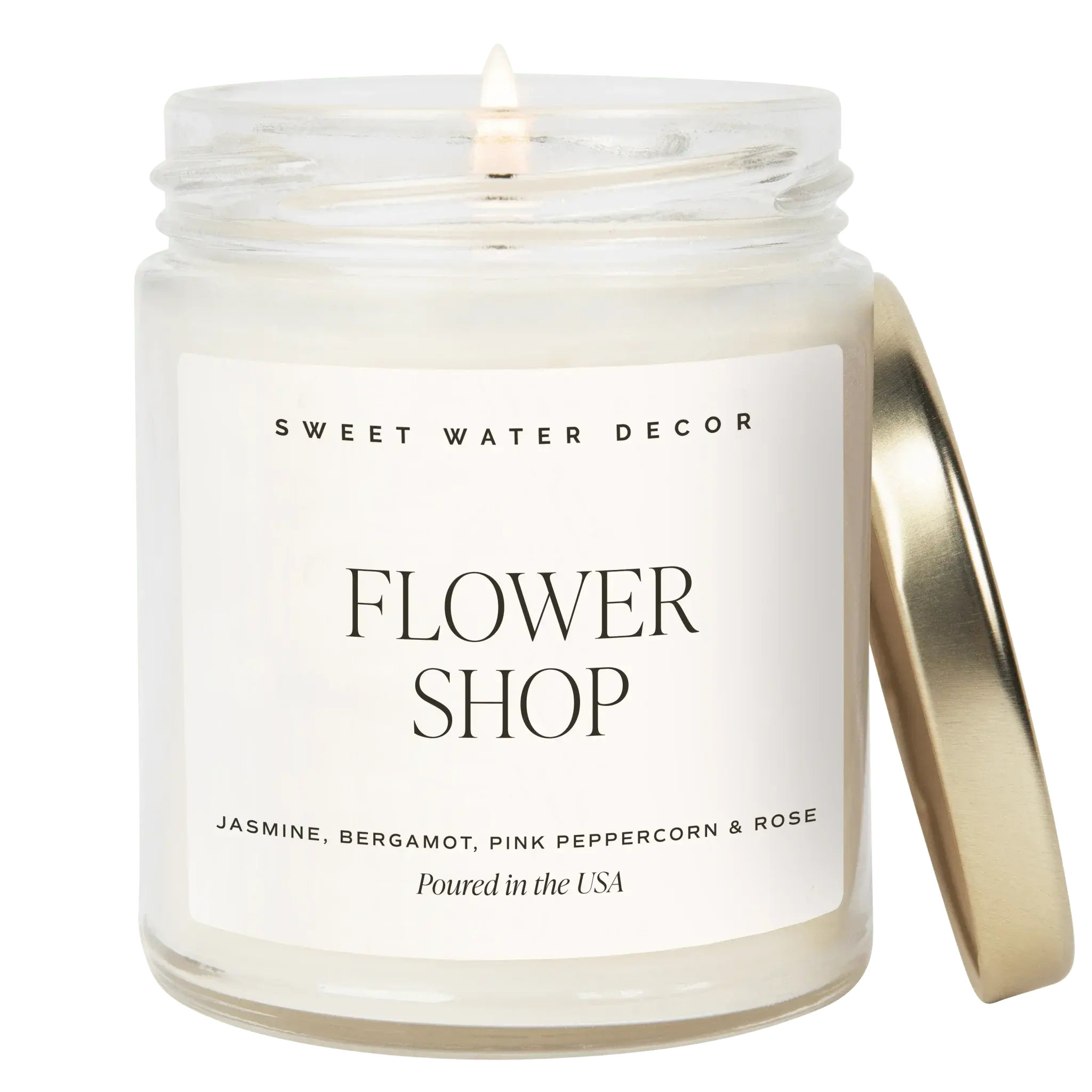 Flower Shop scented candle in clear jar with gold lid, farmhouse decor, jasmine bergamot rose scent