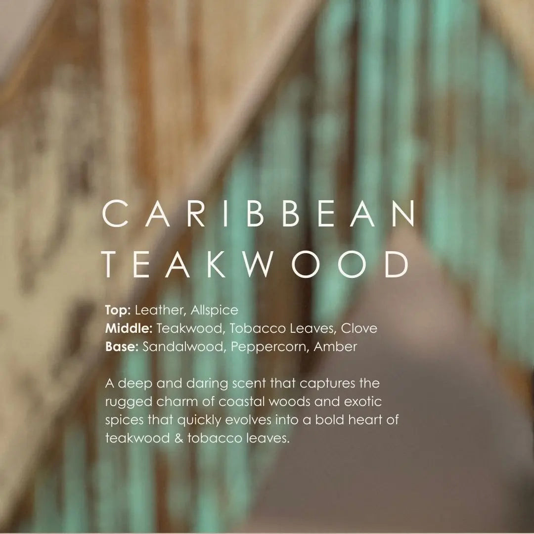 Caribbean Teakwood candle scent notes: leather, allspice, teakwood, tobacco, clove, sandalwood, peppercorn, amber