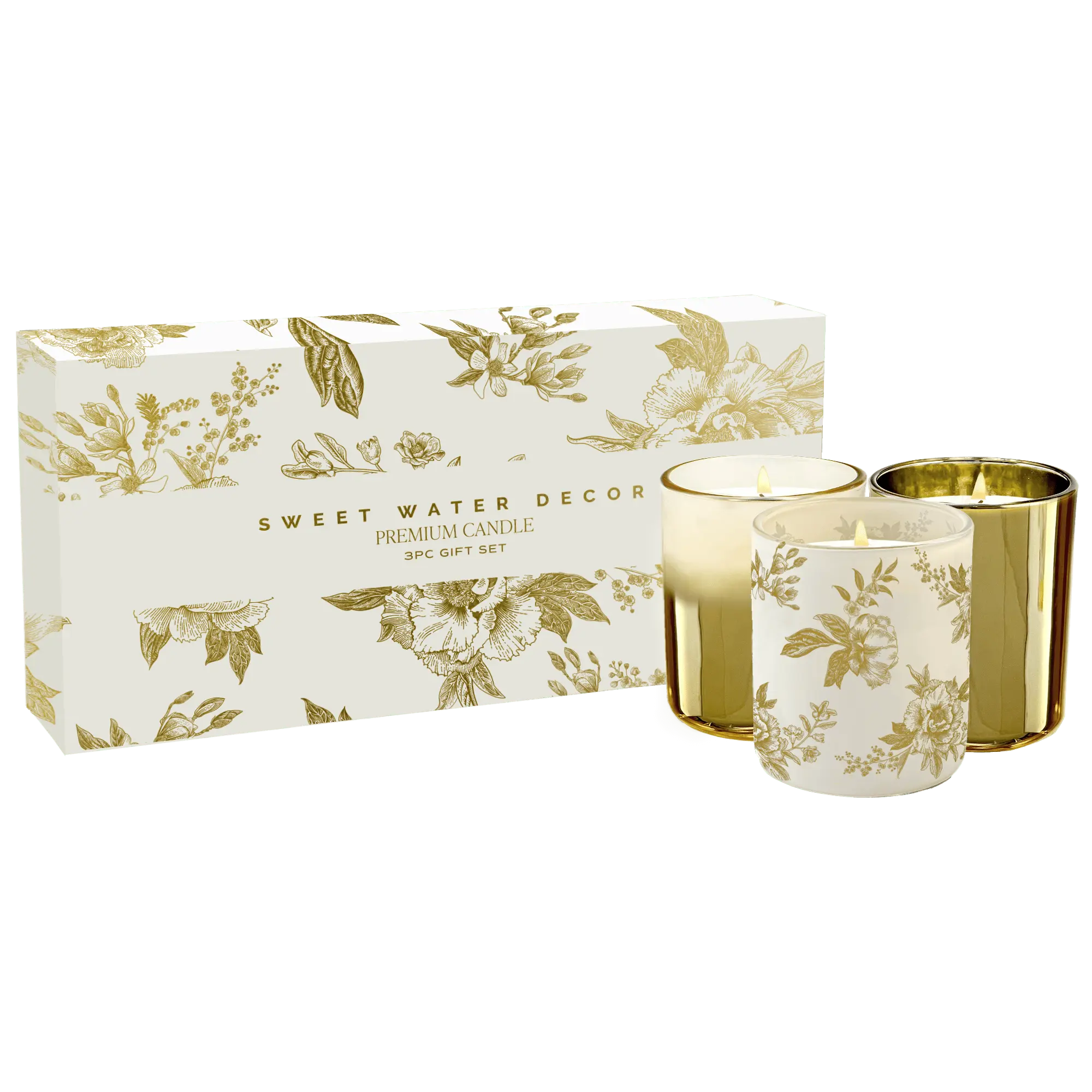 Set of candles with floral design and matching packaging on a green background