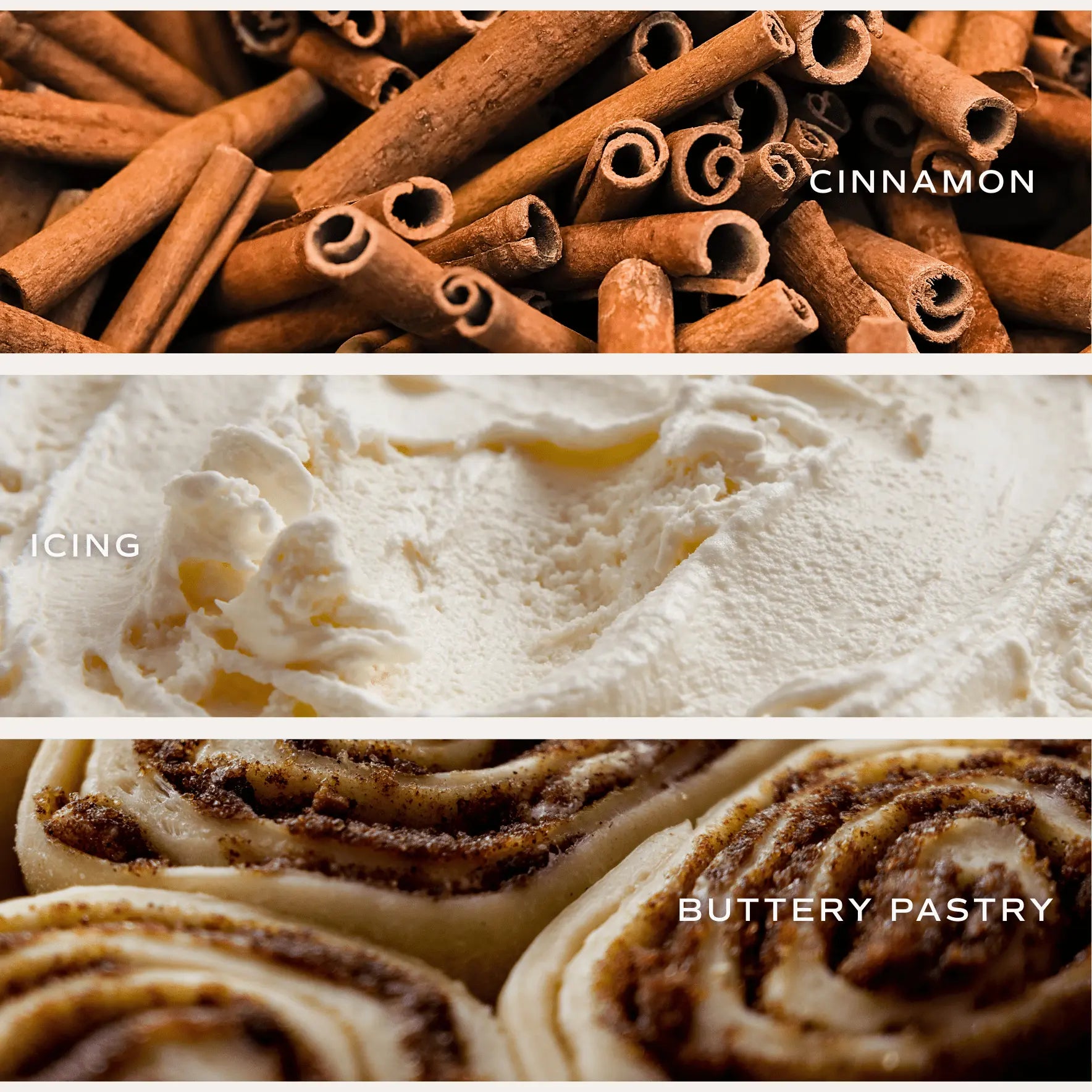 Top to bottom: Cinnamon sticks, icing, and a cinnamon roll with icing.