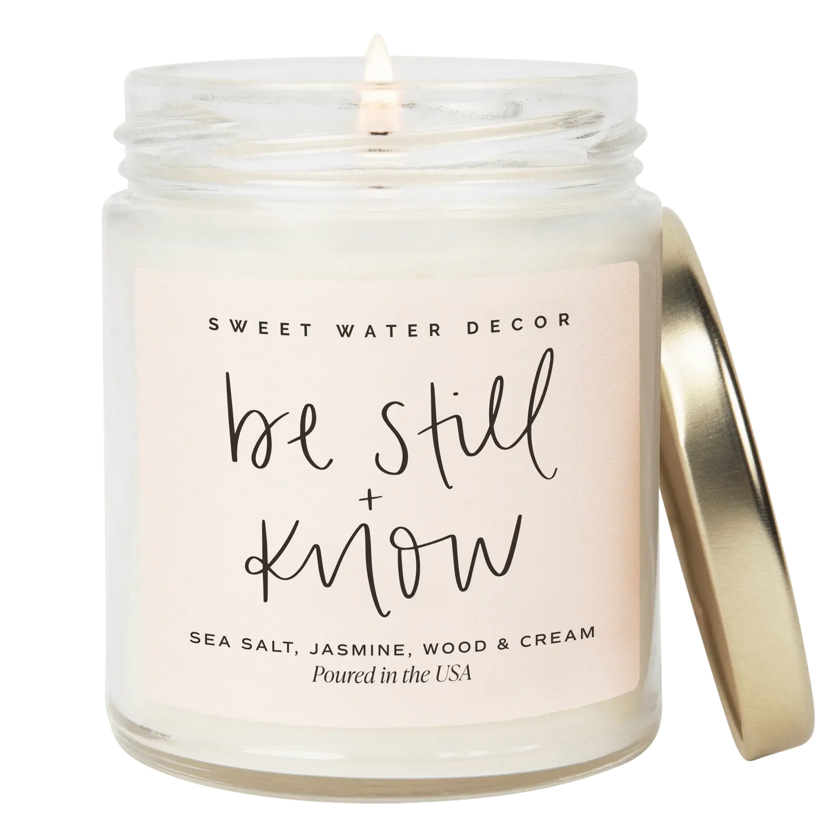 Be Still + Know scented candle with sea salt, jasmine, wood & cream notes, poured in USA, cozy home decor