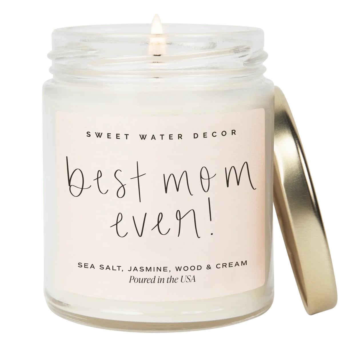 Best Mom Ever scented candle in glass jar with gold lid, sea salt jasmine wood & cream fragrance, poured in USA