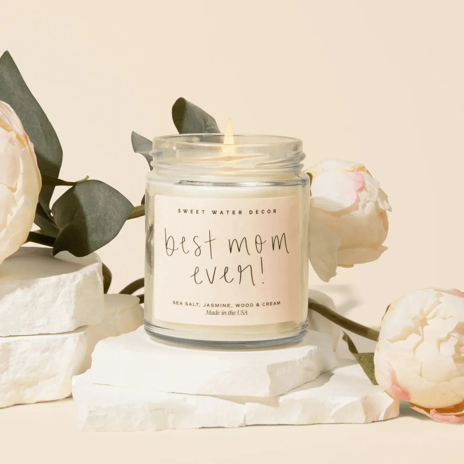 Best Mom Ever candle with sea salt jasmine scent, cozy farmhouse decor, soft peonies, and white stone accents