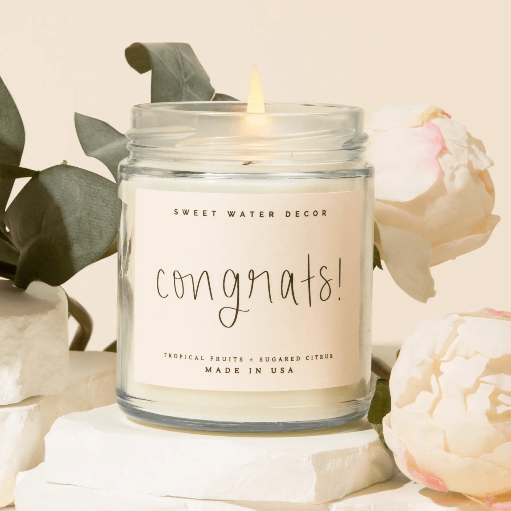 Congrats! scented candle with tropical fruits + sugared citrus, cozy farmhouse decor, lit in glass jar with flowers
