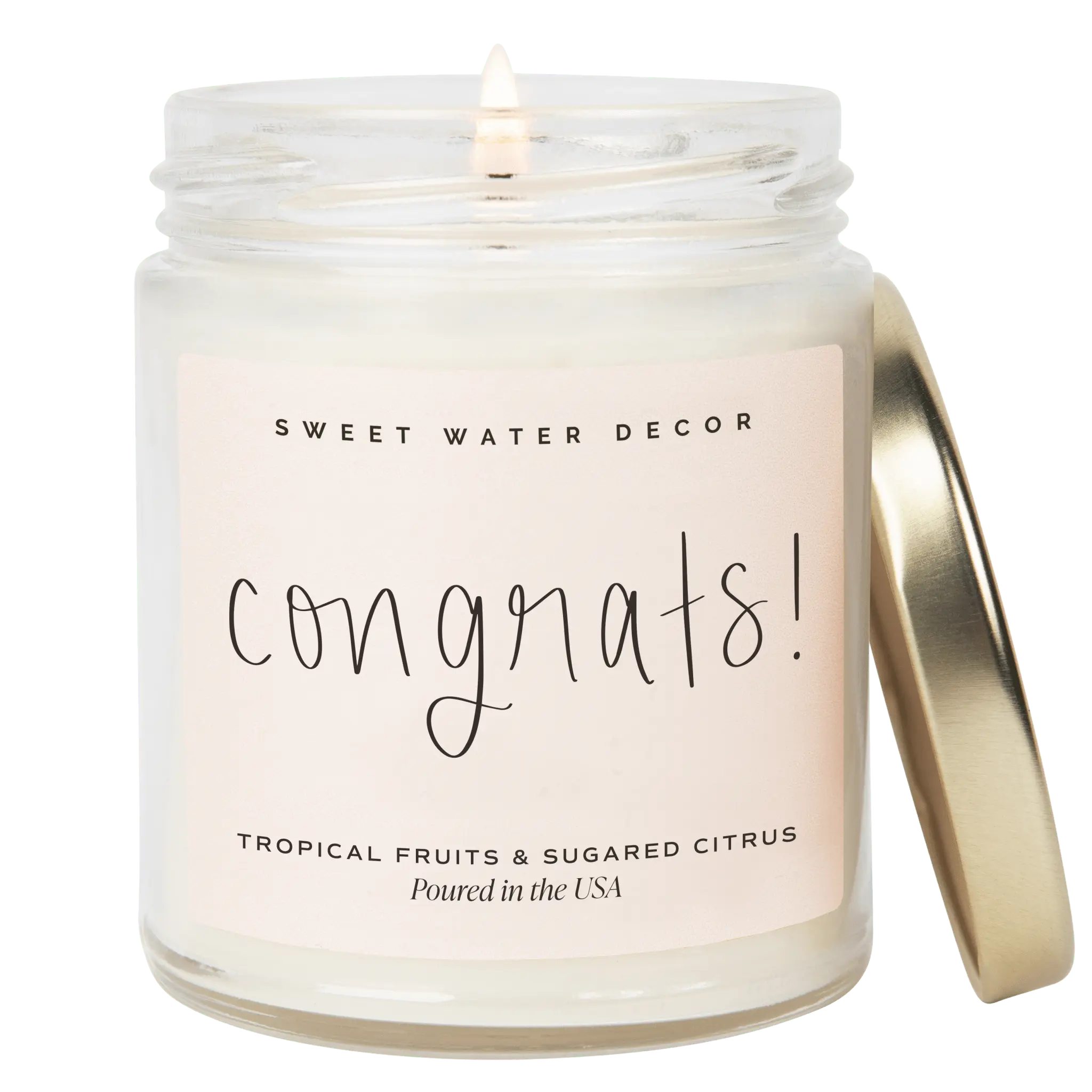 Lit 'Congrats!' candle in glass jar, tropical fruits & sugared citrus scent, farmhouse home decor gift