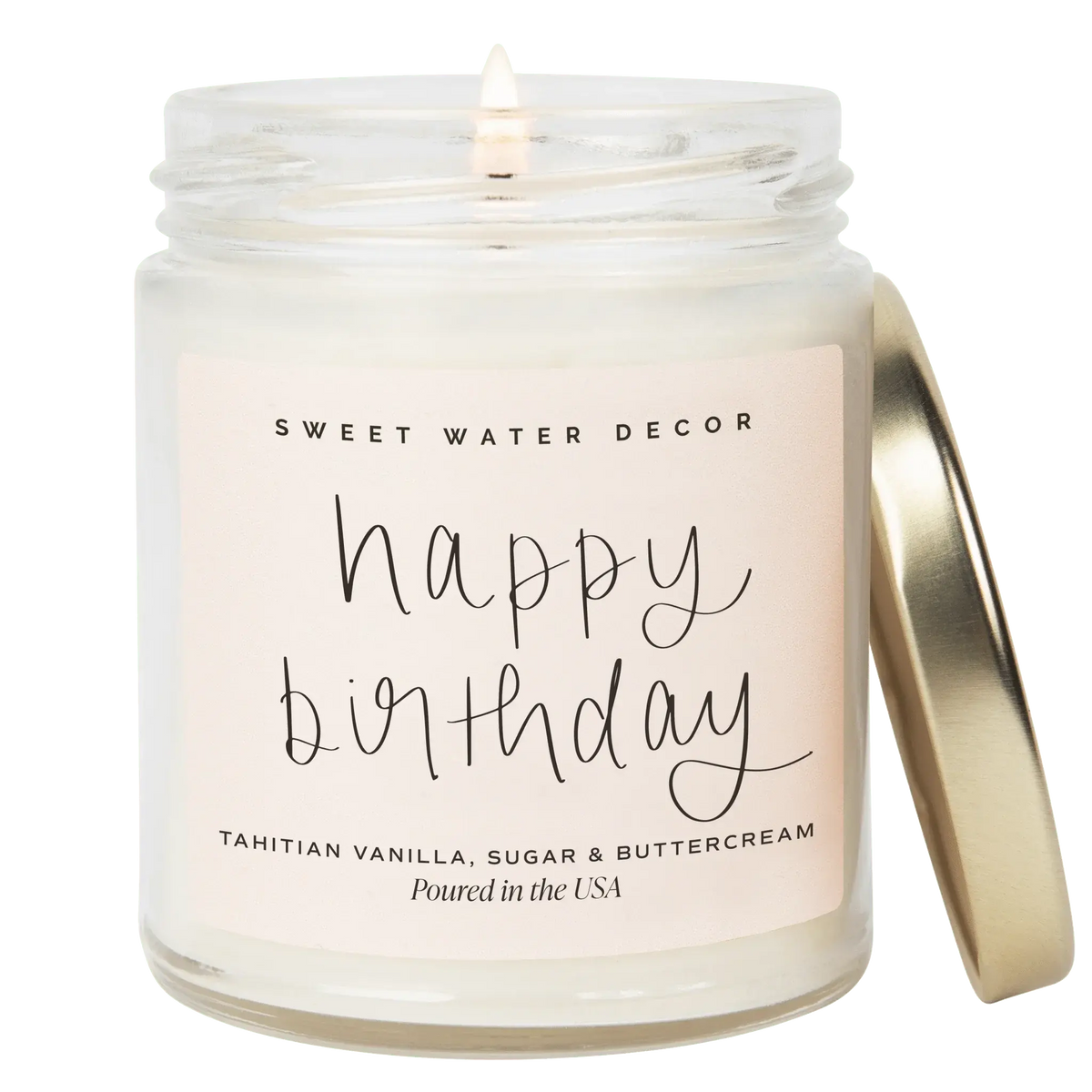Happy Birthday candle in glass jar with gold lid, vanilla sugar buttercream scent, cozy home decor