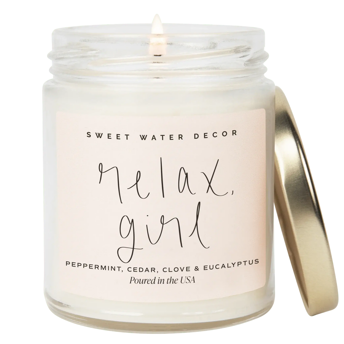 Relax girl scented candle with peppermint, cedar, clove & eucalyptus in glass jar, cozy home decor
