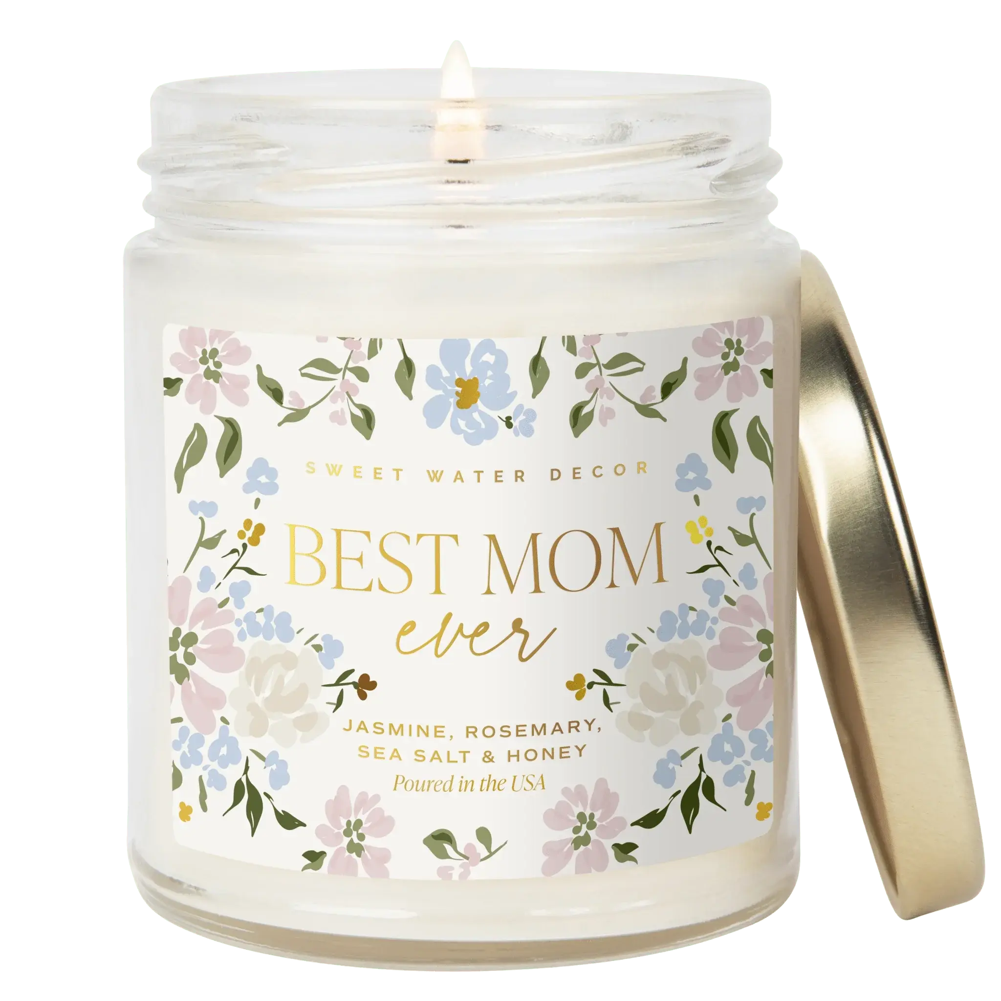 Best Mom Ever floral candle with jasmine, rosemary, sea salt & honey scent, cozy home decor gift