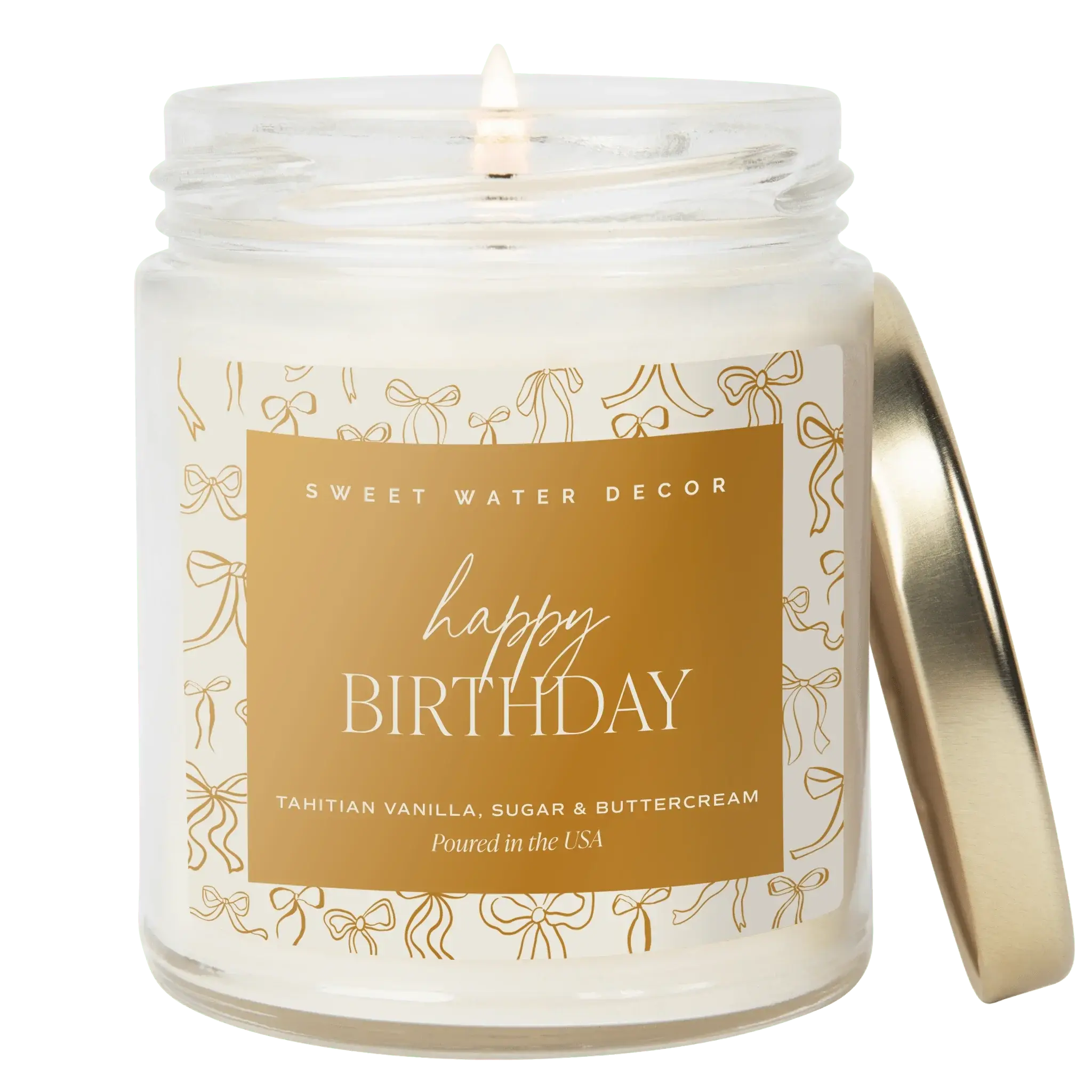 Happy Birthday scented candle in glass jar with gold lid, vanilla sugar buttercream fragrance, cozy home decor