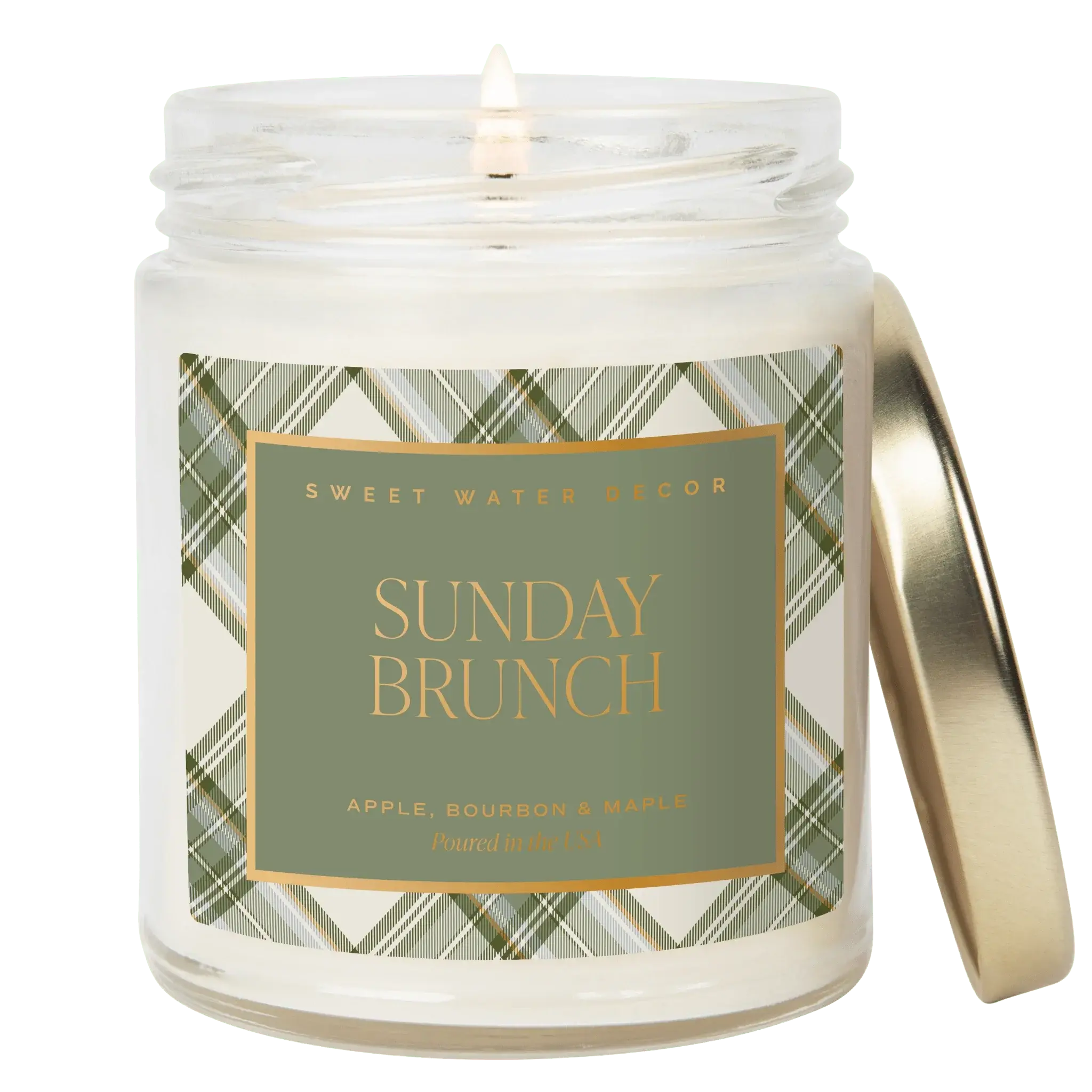 Sunday Brunch scented candle with apple bourbon maple notes, plaid label, cozy farmhouse decor