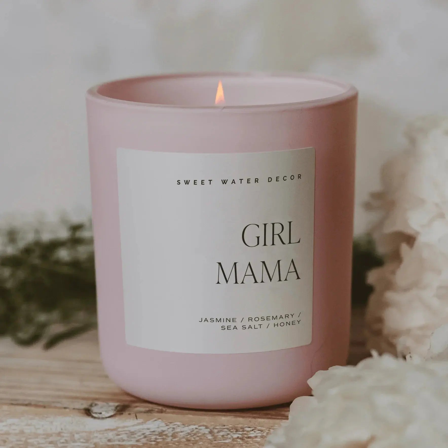 Pink 'Girl Mama' scented candle with jasmine, rosemary, sea salt, honey notes, cozy farmhouse decor