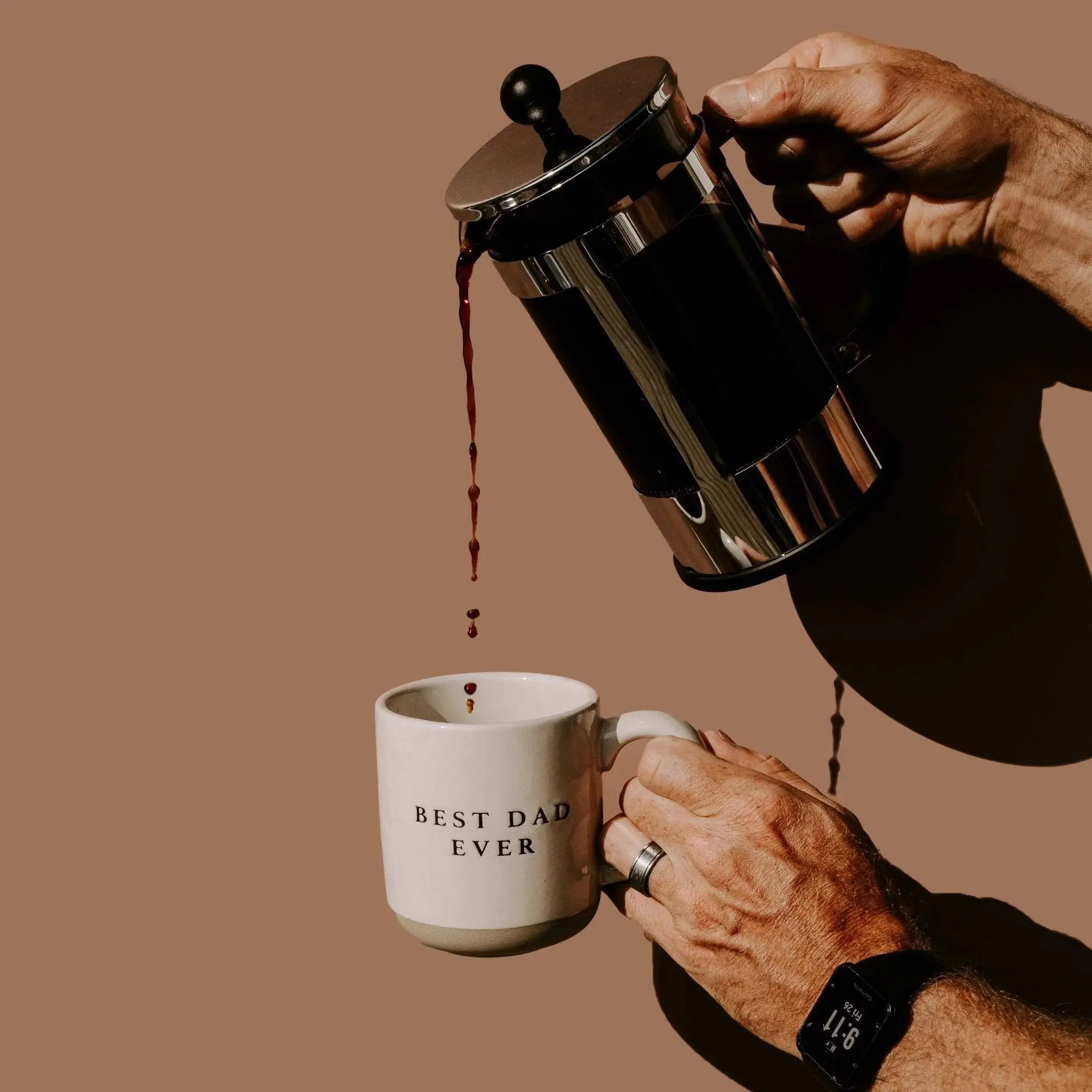 Best Dad Ever coffee mug with French press pouring coffee, cozy home gift idea