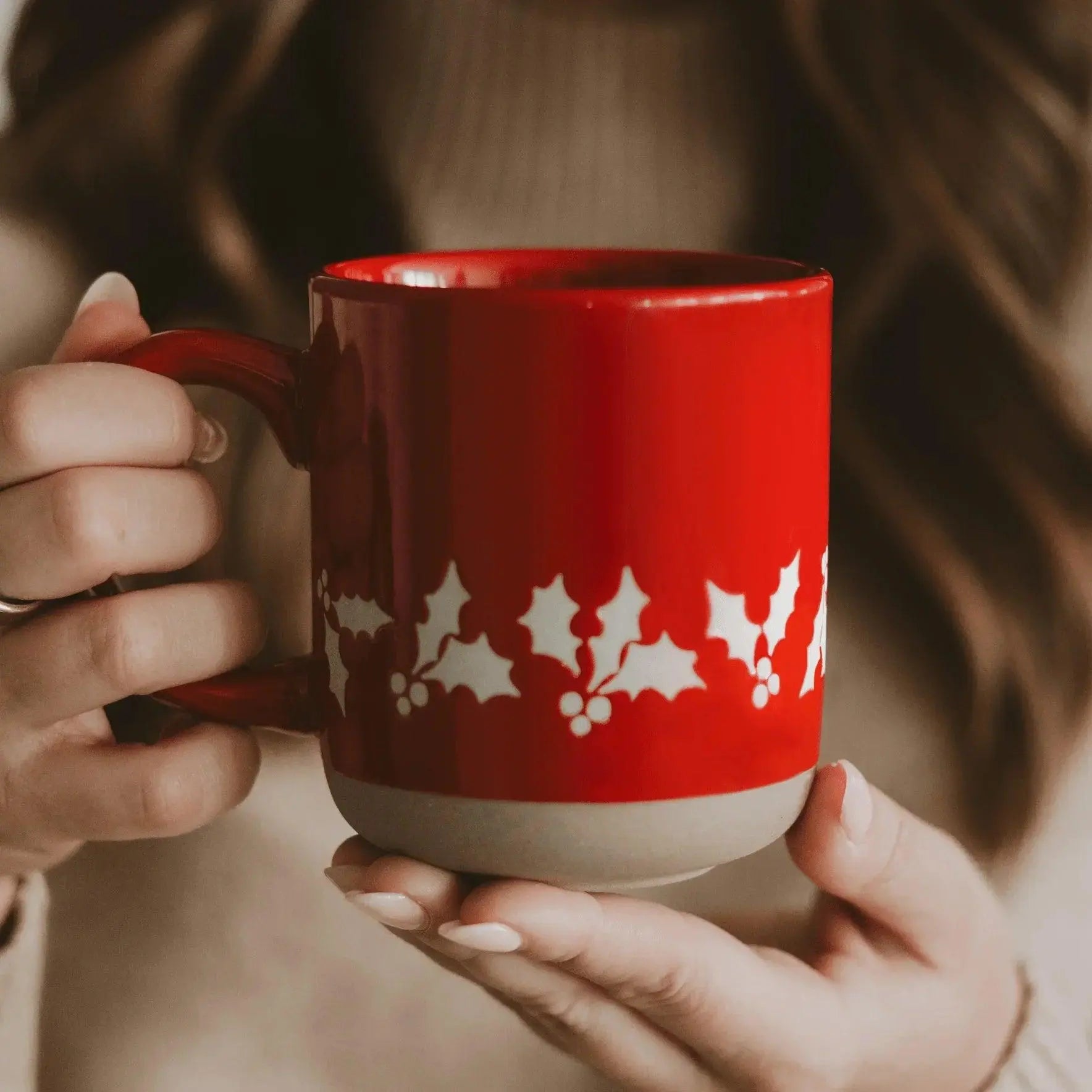Red holiday mug with white holly design, cozy farmhouse style home decor
