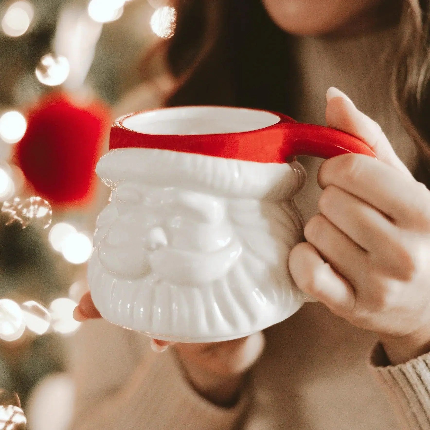 Cozy Santa mug with red handle, perfect for holiday farmhouse decor and warm winter drinks