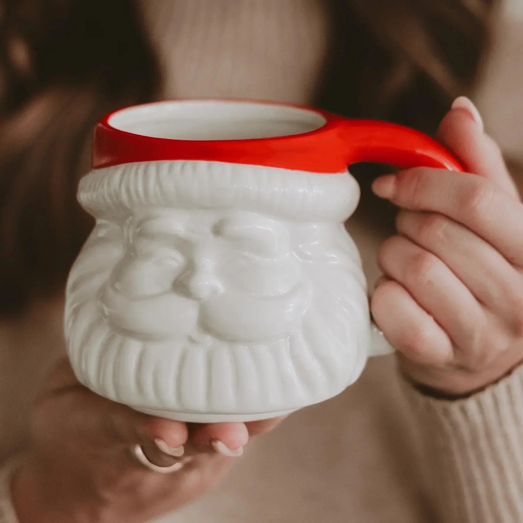White Santa mug with red handle, cozy holiday farmhouse decor for warm living spaces