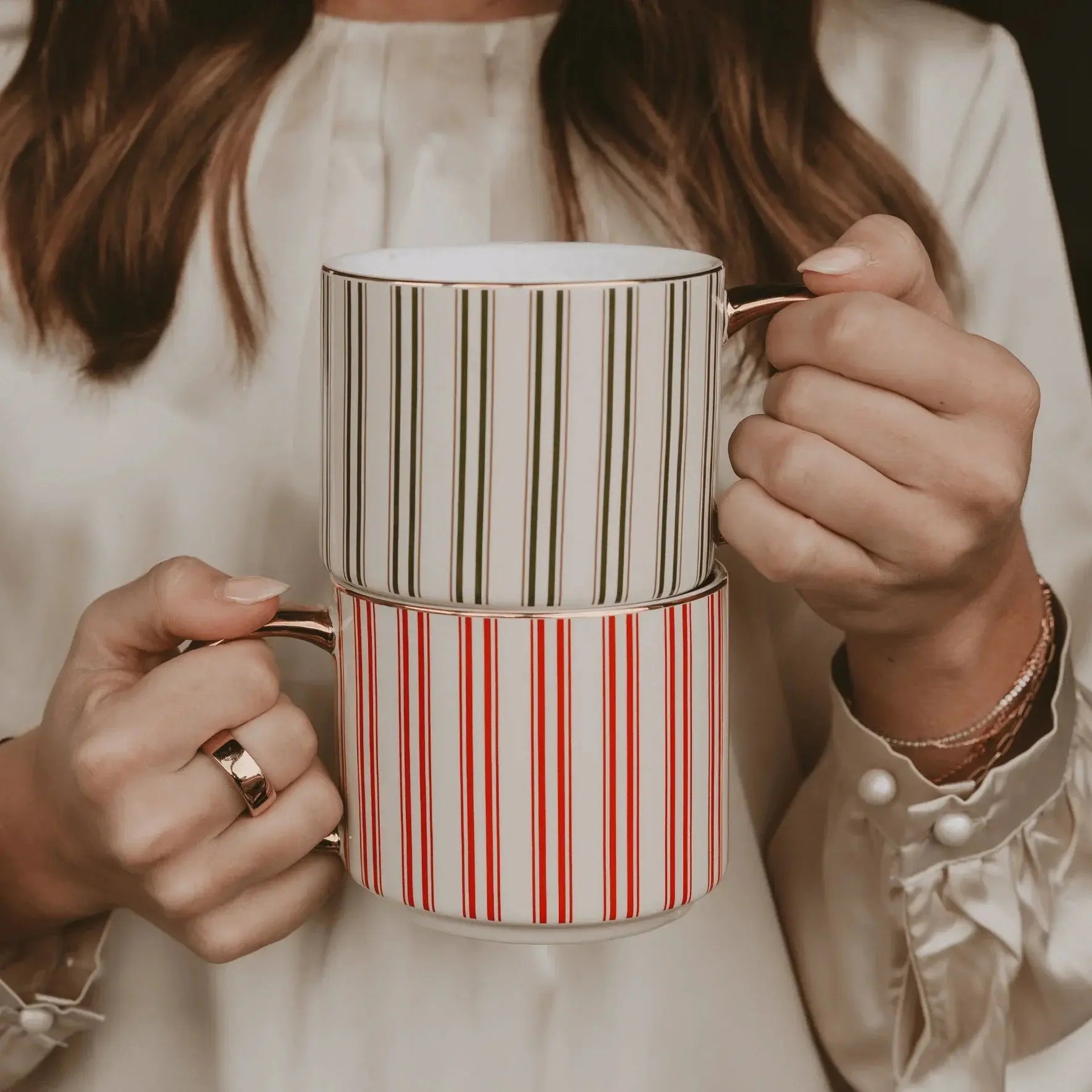 Striped ceramic mugs with gold handles, cozy farmhouse style home decor