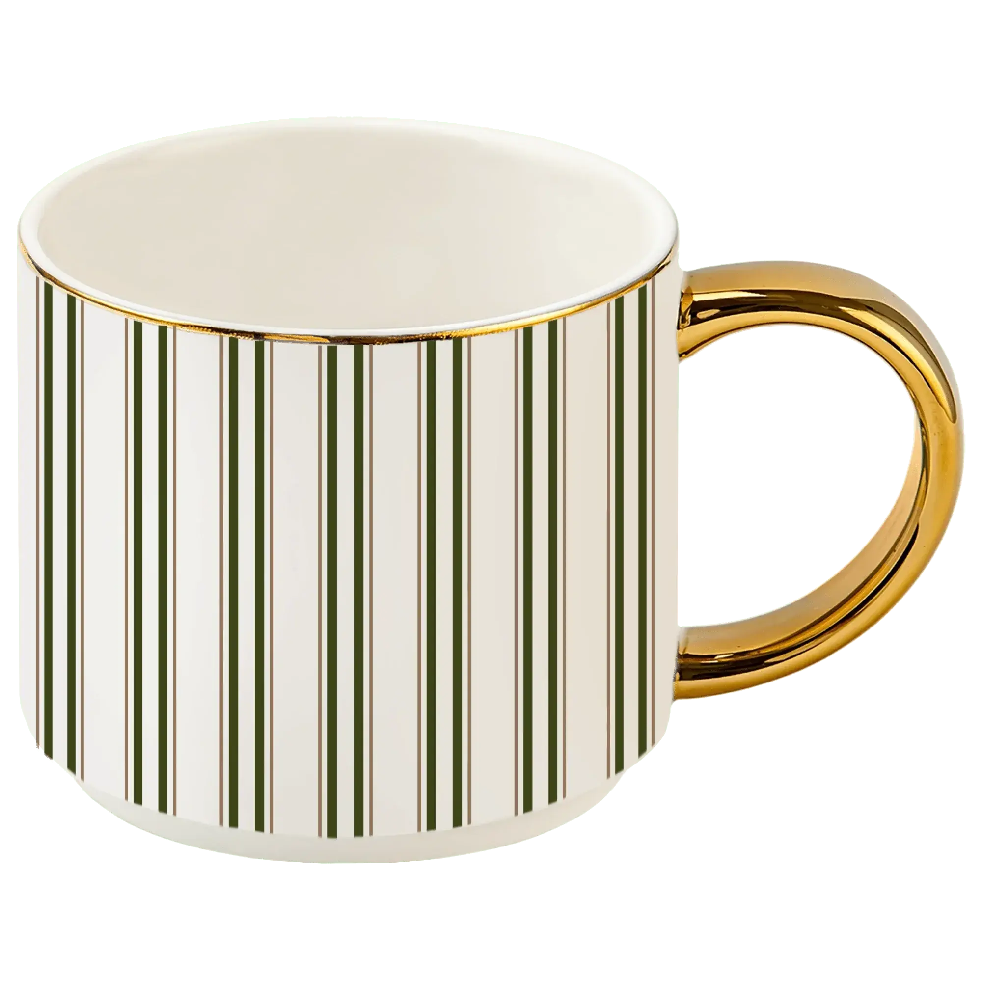 Cream ceramic mug with green stripes and gold handle, cozy farmhouse decor