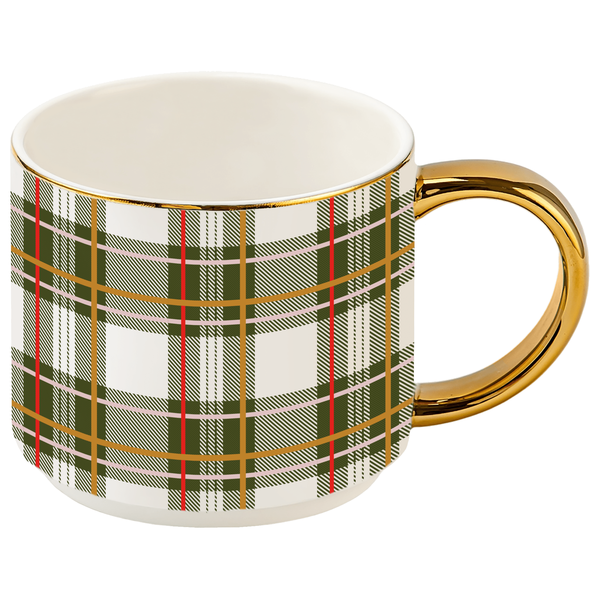 Mug with plaid pattern and gold handle on a transparent background