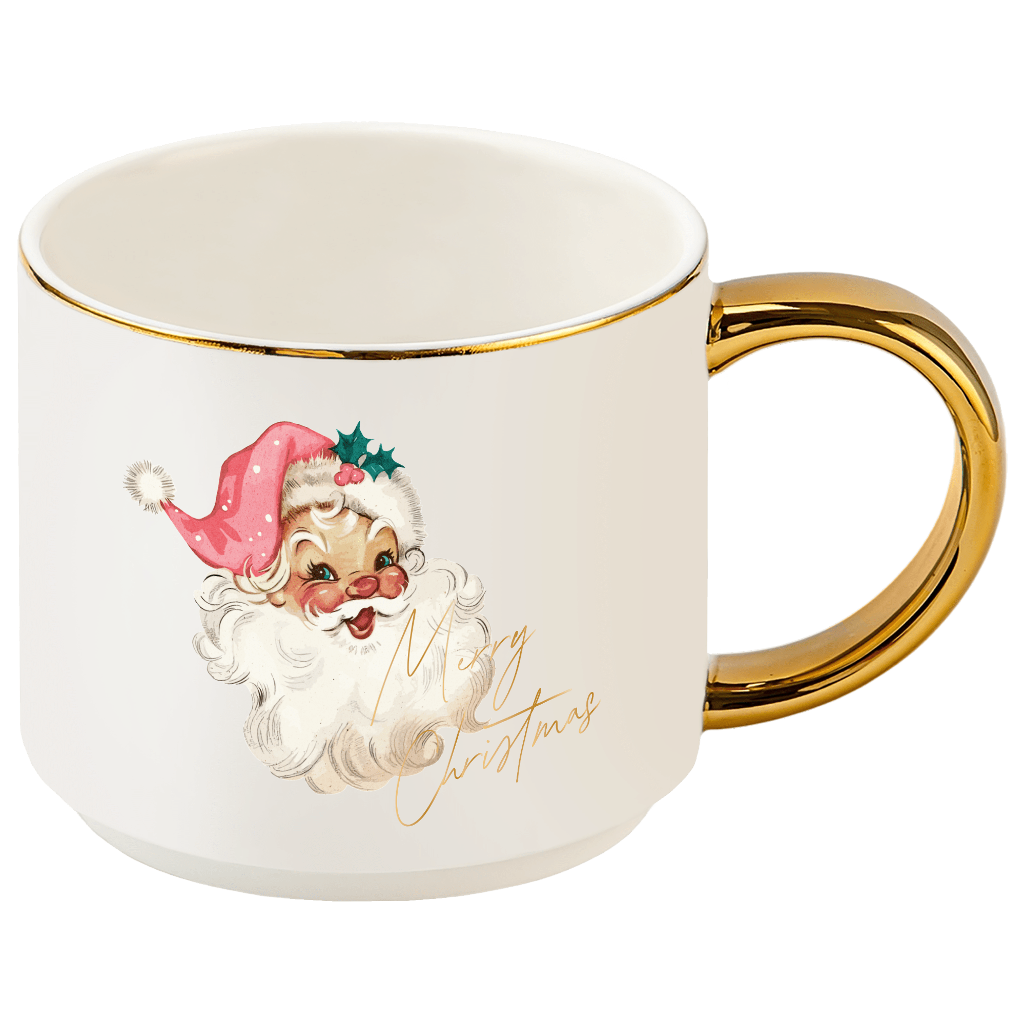 White mug with gold handle featuring a Christmas-themed design of a smiling face with a pink hat and white beard, and 'Merry Christmas' text.