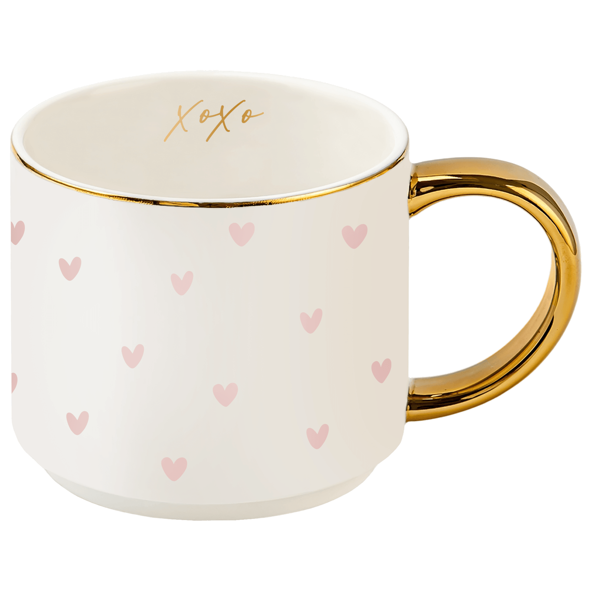 White mug with pink heart patterns and gold handle on a transparent background