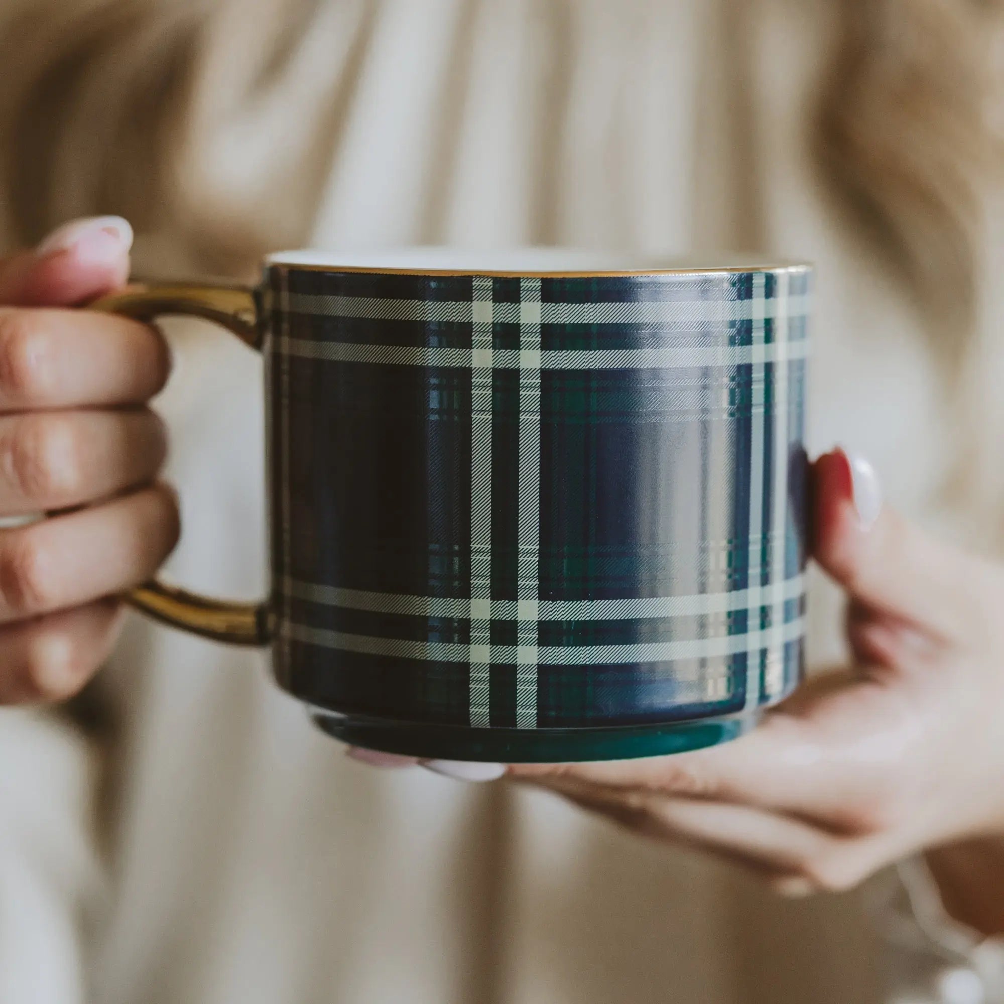 Navy Plaid 14 oz Gold Handle Coffee Mug Sweet Water Decor Navy Plaid 14 oz Gold Handle Coffee Mug Sweet Water Decor