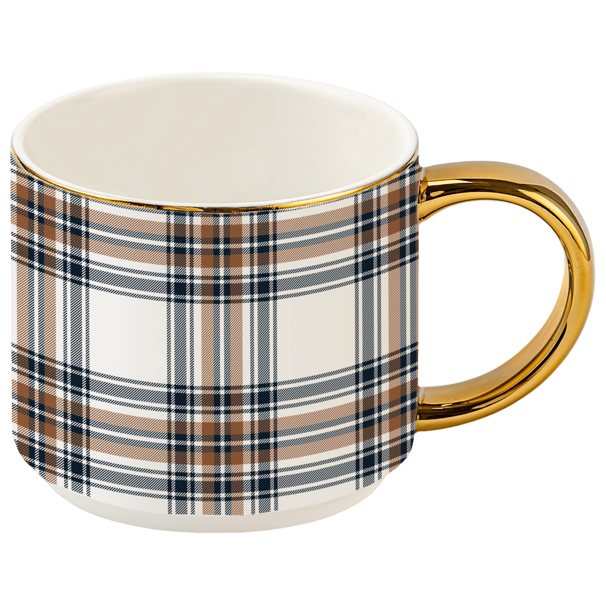 A ceramic mug with a white base, featuring a brown, navy, and white plaid pattern, a gold rim, and a shiny gold handle, set against a solid dark green background.