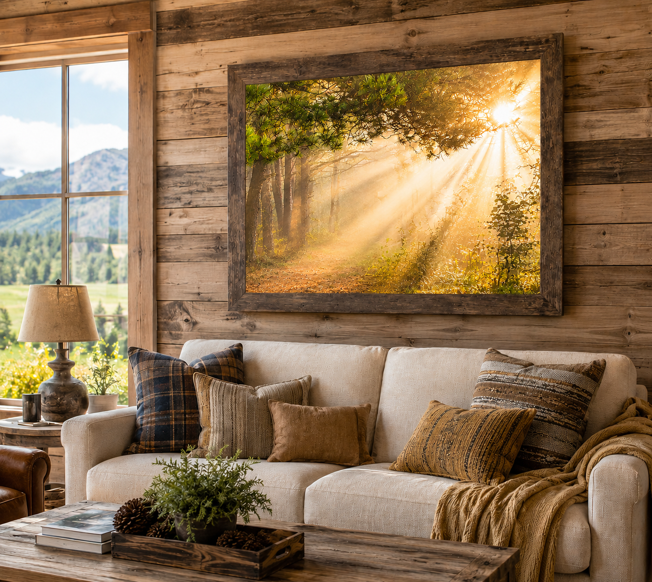 Cozy living room with a large framed picture of a sunlit forest on a wooden wall.