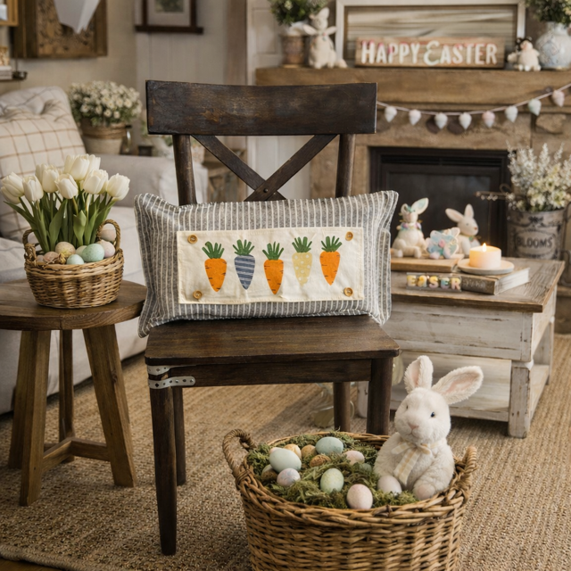 Decorative pillow with carrot pattern on a wooden chair in a home setting with Easter decorations.