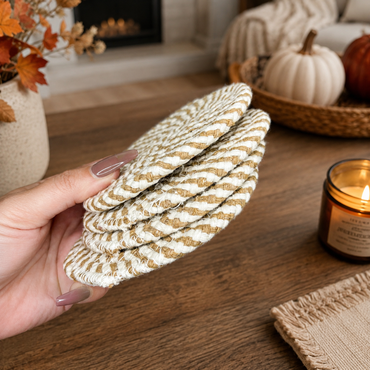 Hand holding a set of woven coasters with a cozy autumn setting in the background.