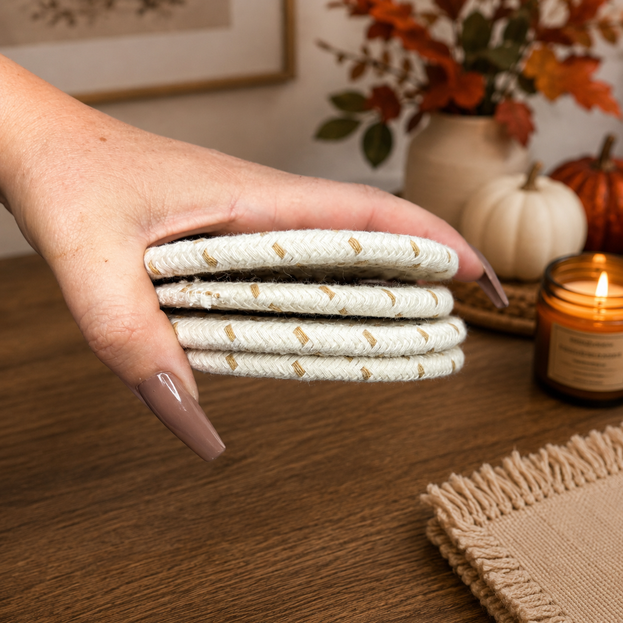 Hand holding a stack of woven coasters with a cozy autumn setting in the background.