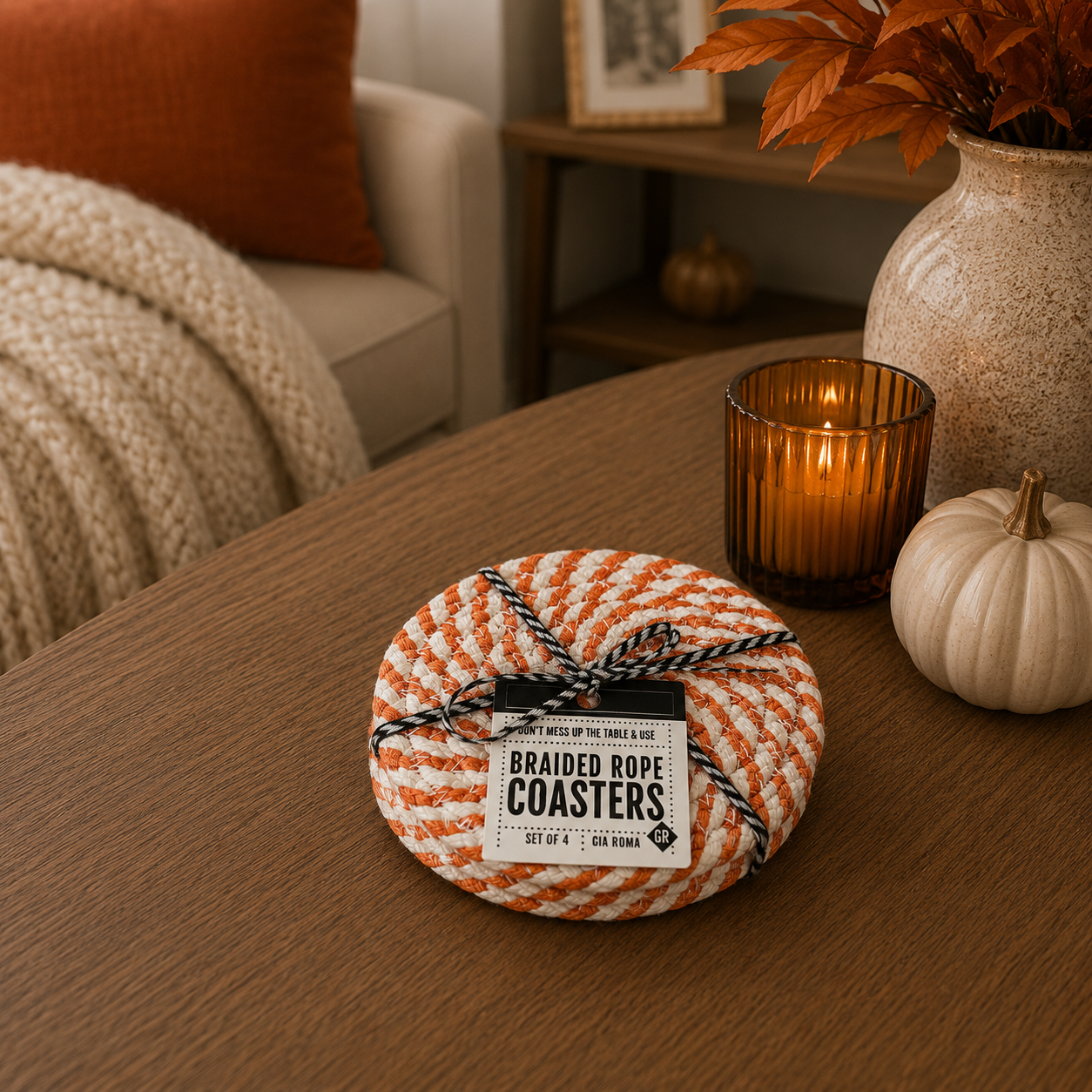 Braided rope coasters on a wooden table with decorative elements.