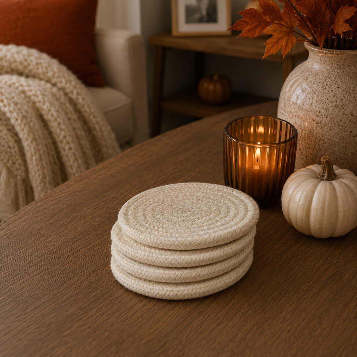 Stack of woven coasters on a wooden table with a candle and decorative items.