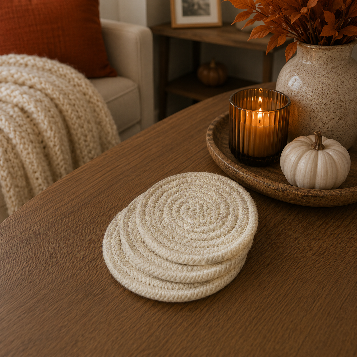 Woven coasters on a wooden table with a candle and decorative items in a cozy room.