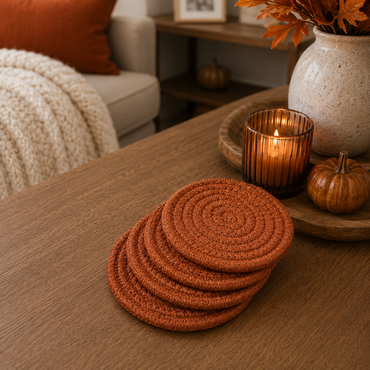 Set of brown woven coasters on a wooden table with a candle and decorative items in the background.