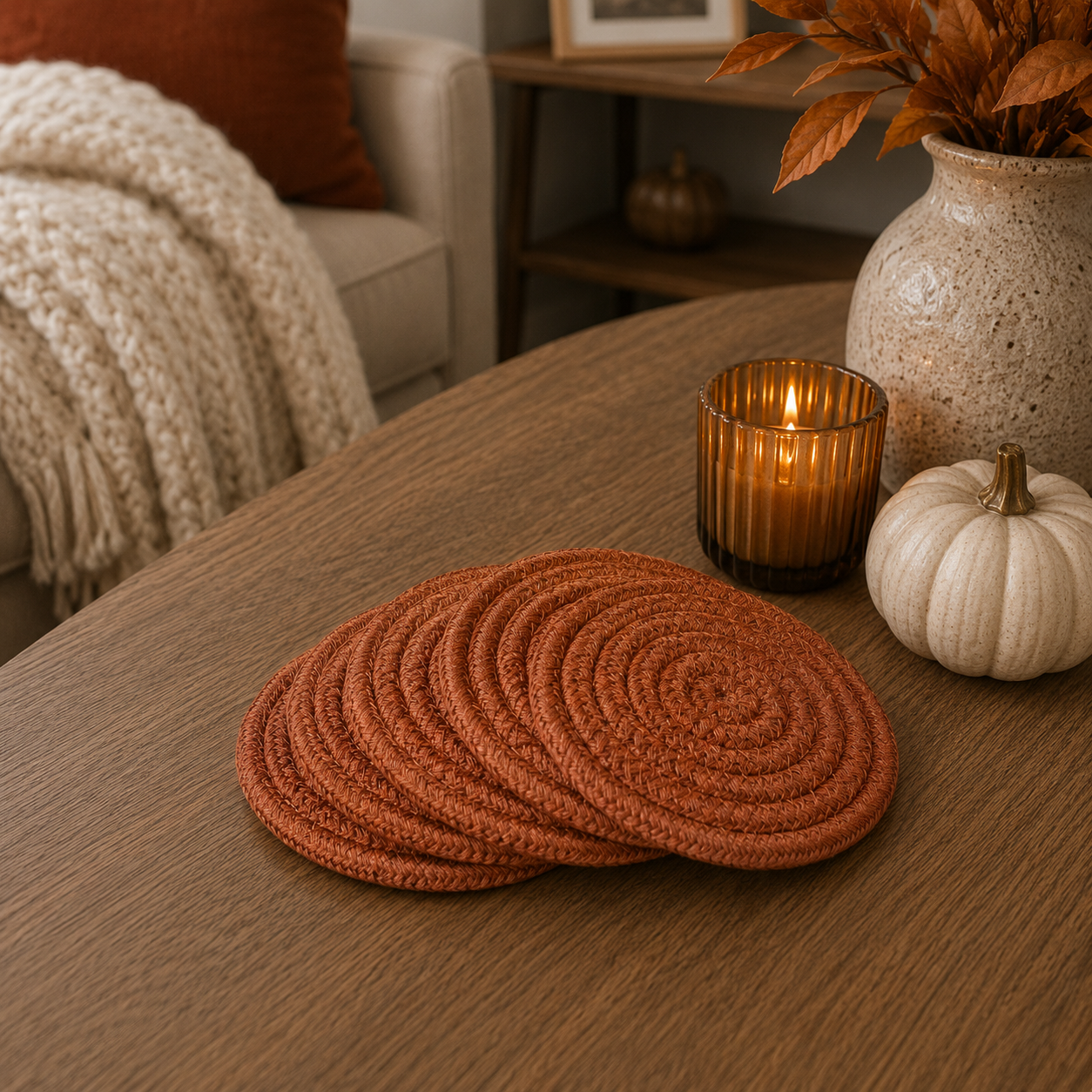 Brown woven coasters on a wooden table with a candle and decorative items.
