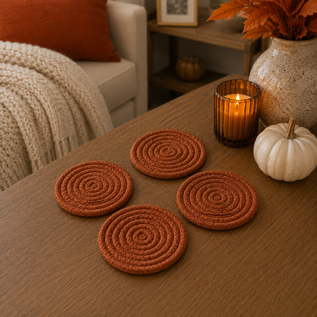 Set of circular woven coasters on a wooden table with decorative items.
