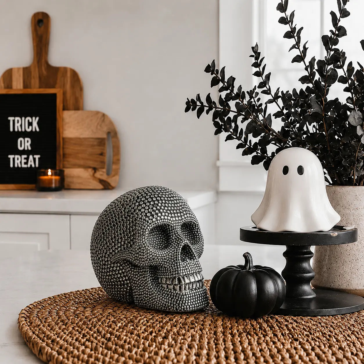 Halloween-themed decor with skull, ghost, and pumpkin on a table.