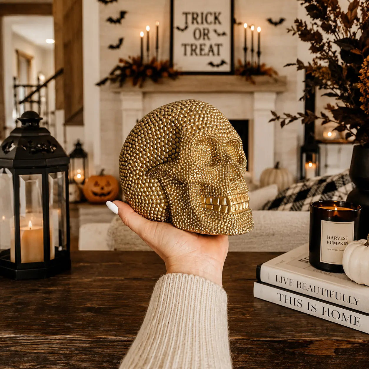 Hand holding a gold skull ornament in a Halloween-themed room with candles and pumpkins.