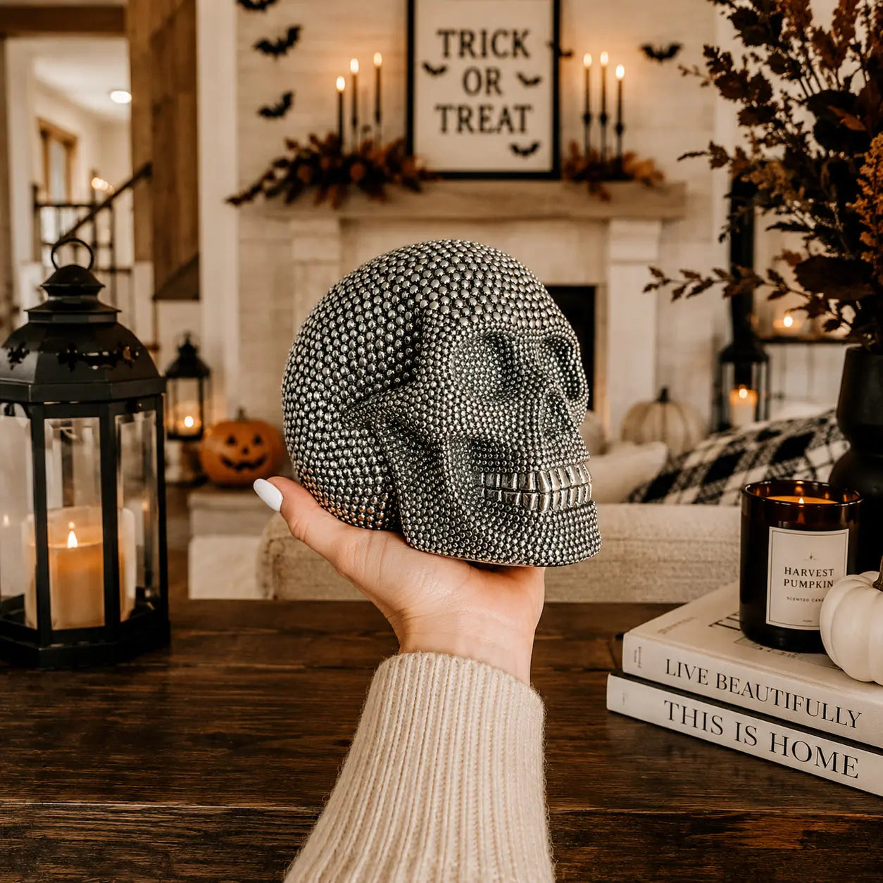 Decorative skull held in front of a Halloween-themed living room with pumpkins and candles.